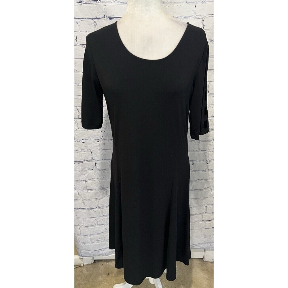 Susan Graver Liquid Knit Black Dress With Banded Split Sleeves LBD Size Small